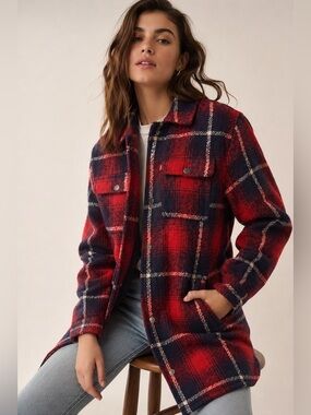 Levi’s Wool Blend Sherpa Lined Long Shacket Jacket Plaid Red Navy Women’s XL